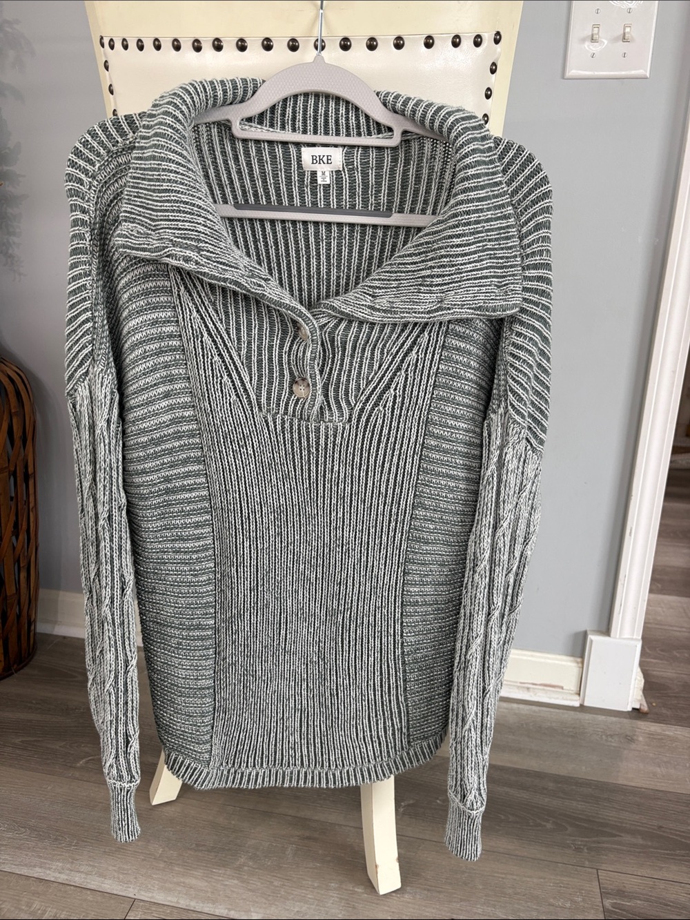 BKE Heather Gray Ribbed Funnel-Neck Sweater with Button Detail